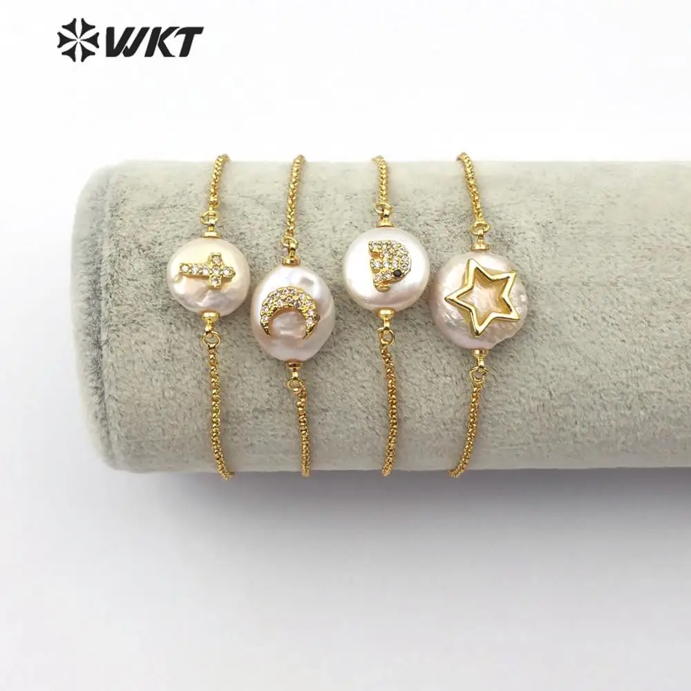

WT-MB112 WKT Natural Pearl ＆CZ Pave Stars,Moon,Cross,Elephant Shape Gold Bracelet Women Fashion Charm Bracelet Jewelry
