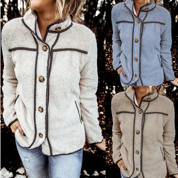 

2020 Women's Button Down Fleece Cardigan Long Sleeve Stand Collar Coat Winter Fashion Outerwear with Pockets