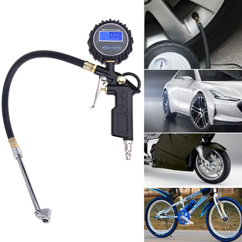 

AUTO Digital Tire Inflator Pressure Gauge, LED Display Tyre Deflator Gage with Dual Head Chuck Rubber Hose Fitting, Compatible