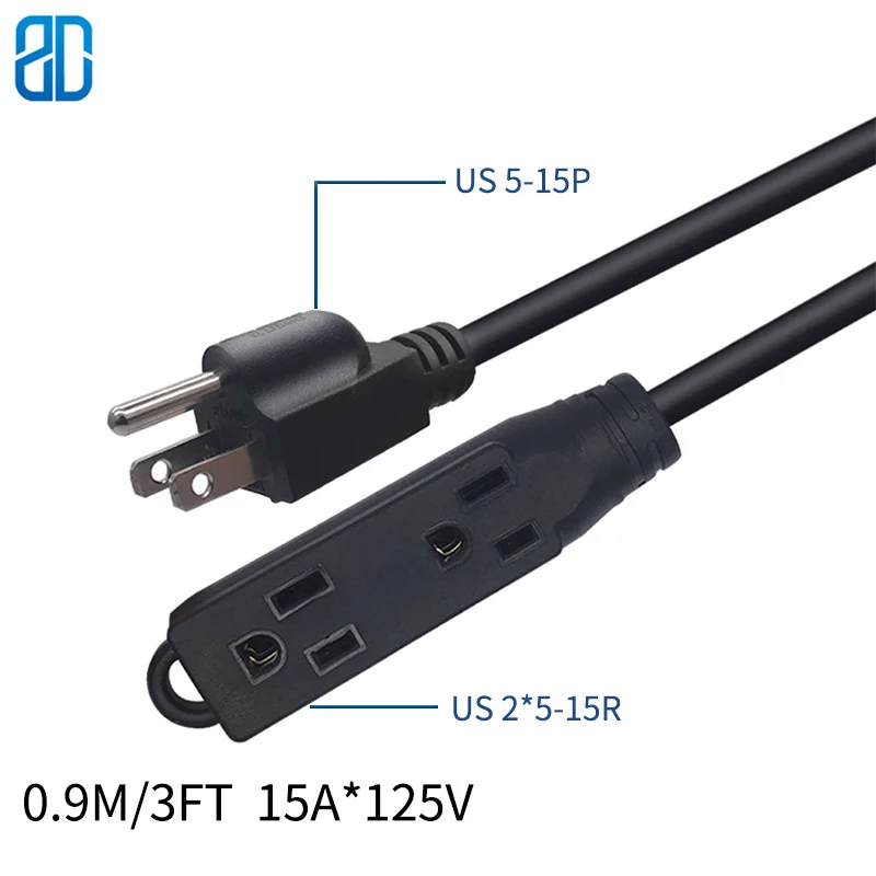 

0.9M/3FT US 5-15P TO 2*5-15R AC Power Extension Cable Cord Nema 5-15P to 2*5-15R 2Ways Socket Power Cord 15A/125V