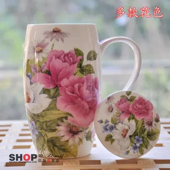 

Korean Big Flower Cup Bone China Creative Lid Water Mugs Women Office Ceramic Coffee Mug Tazza Colazione Tea Mugs AB50CU