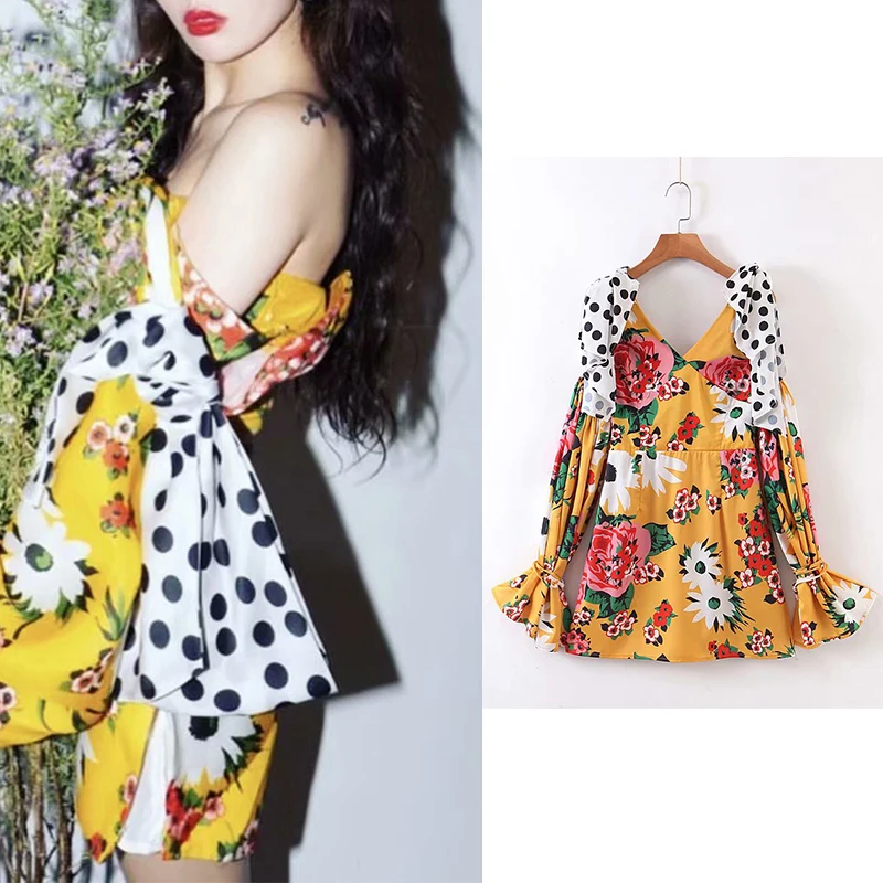 

Za 2020 fashion women Chiffon Dress Hit color Strapless Folds Black dots Flower pattern Yellow black white mix v- neck vestidos