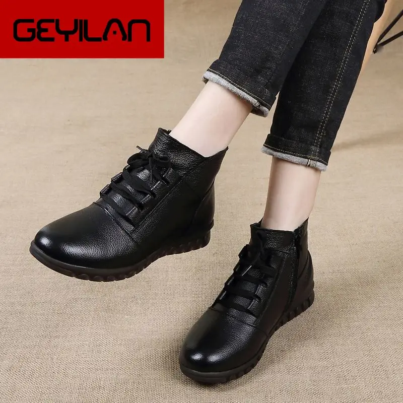 

Genuine Leather Shoes Woman Winter Boots 2019 Women's Ankle Boots Flat With Zip Fur Botas Mujer Female Retro Shoes