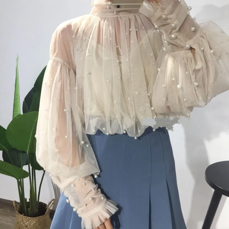  2019 New Fashion autumn Women's Sweet Beads Bubble Sleeve Pearls Button Gauze Blouses Ladies Elegan