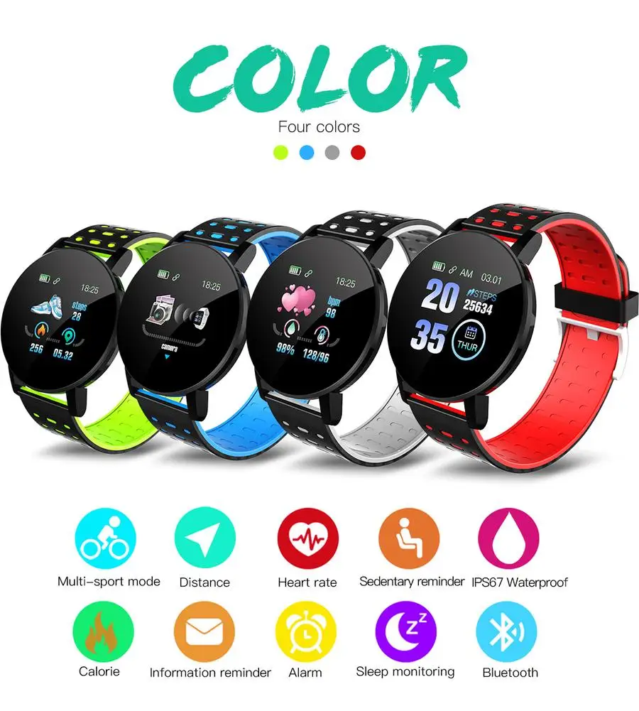 119Plus Touch Screen Smart Watch Waterproof Sport Fitness Tracker Men Women Blood Pressure Heart Rate Monitor For Android IOS