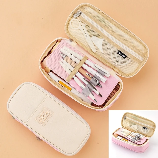 Angoo [C-Block] Classic Pocket Pen Pencil Case, Fold Canvas Stationery Storage Bag Organizer for Cosmetic Travel Student A6449 Pink