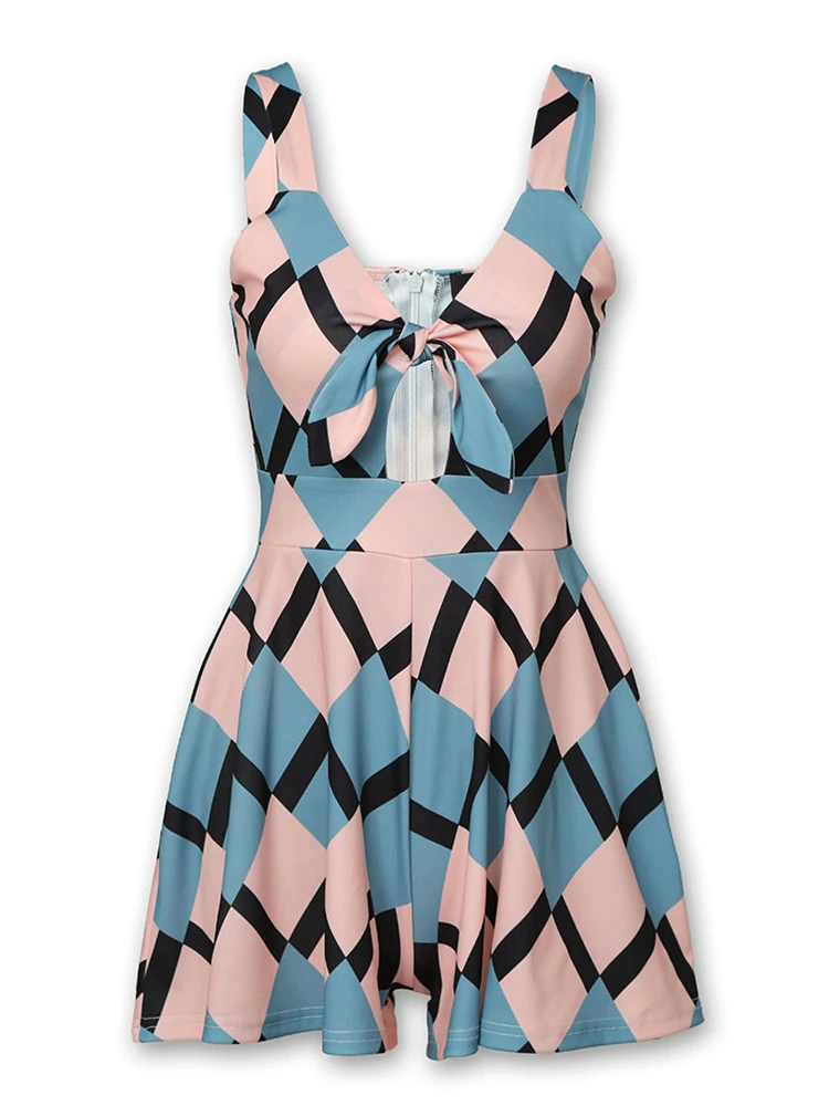 Yocalor 2019 Summer Women Leisure Playsuit Elegant Vacation Female Casual Jumpsuit Colorblock Geo Print Spaghetti Strap Romper