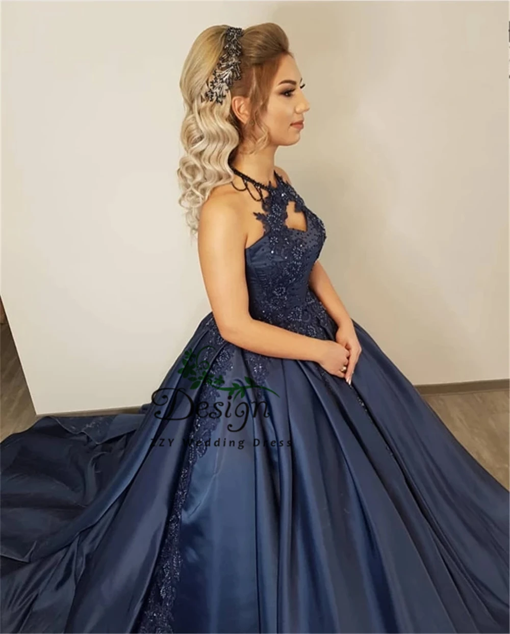 Vestidos De 15 Anos пышные платья Холтер Темно-Синий Атлас со шлейфом на шнуровке ампир аппликации платья Vestidos De 15