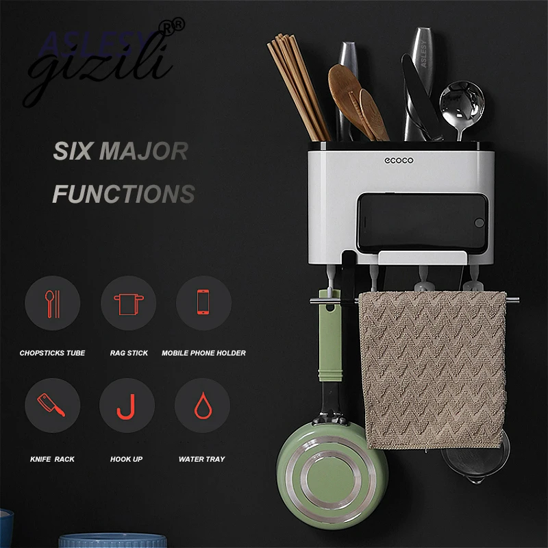 

Chopsticks Tube Wall-mounted Drain Holder with Hooks Multifunction Kitchen Accessories Tableware Spoon Knife Storage Towel Rack