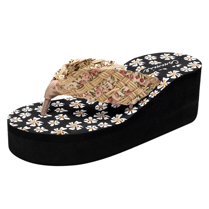 

Women Wedges slipper shoes Bohemia summer females Floral Weave Flip Flops shoes indoor outdoor Slip on Non-slip Beach Shoes A40