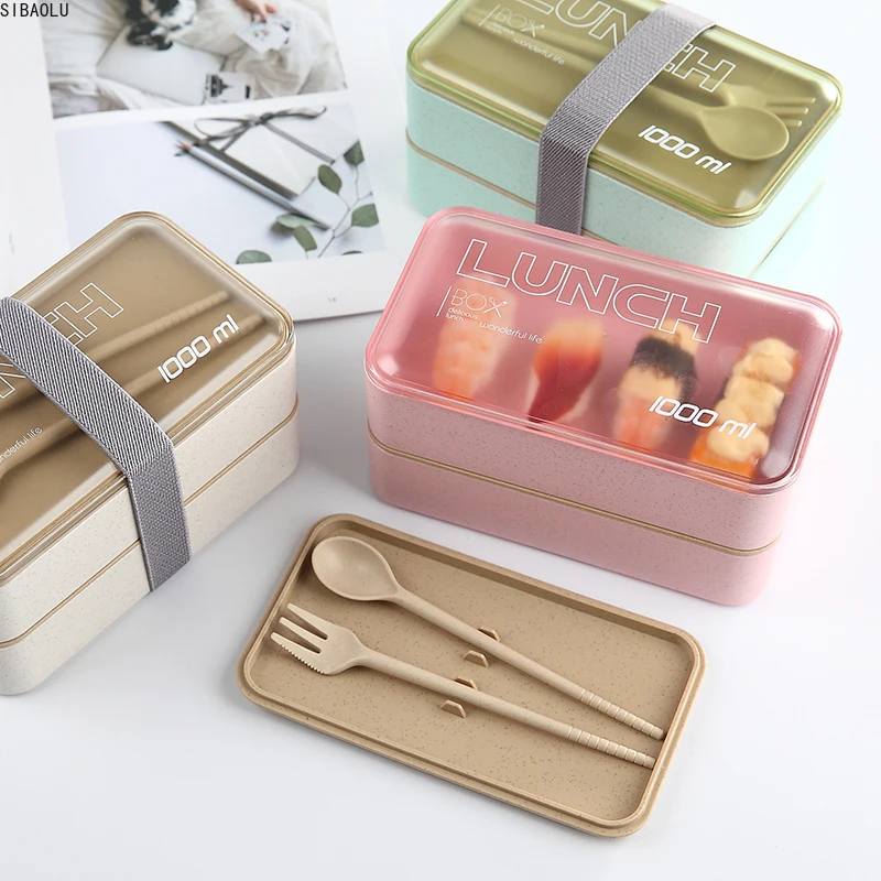 

1000ml Protable Healthy Lunch Box Double Layer Wheat Straw Bento Boxes Microwave Dinnerware Food Storage Container Food Box