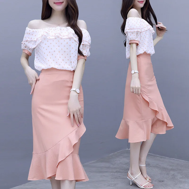 

Fashion Set 2019 Summer Wear New Style Hipster Flounced Horizontal Neck Double Purpose + Skirt Two-Piece Set