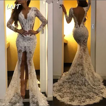 

V Back Long Sleeves Ivory Lace Prom Dresses Sexy Pageant Dress with Slit Evening Gown