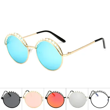 

New Cat Eye Woman Sunglasees Pearl Round Mental Frame Sun Glasses Luxury Brand Design Pink Yellow Lens Gafas Shade Mirror UV400