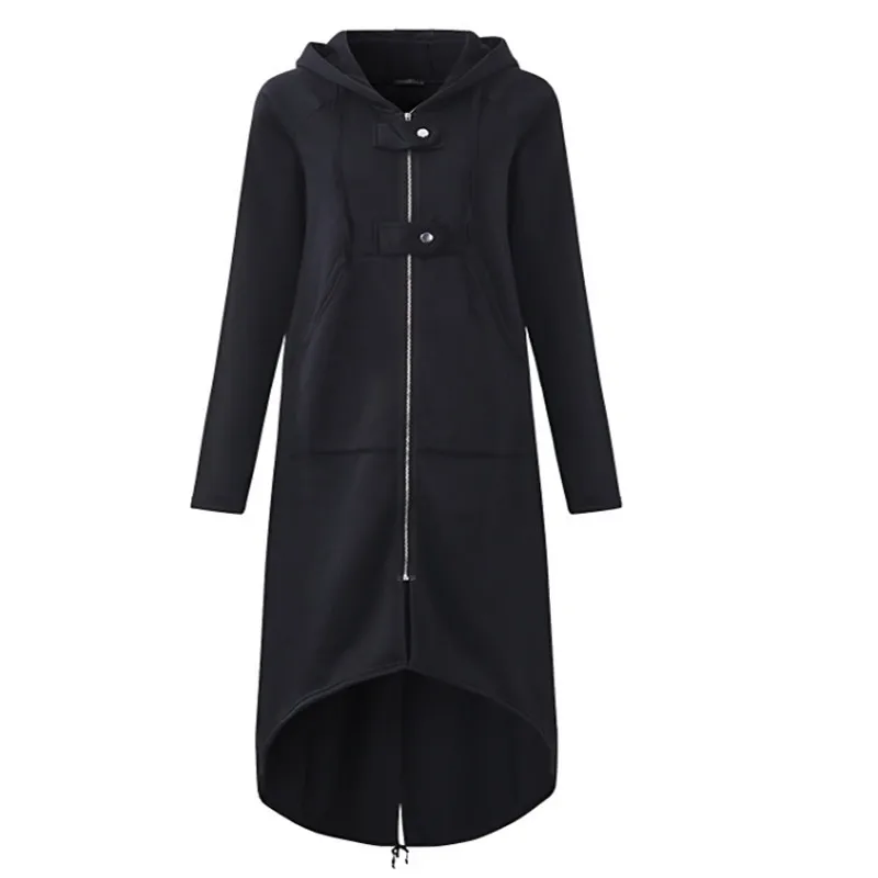 Autumn Hooded Long Sleeve Zip Sweatshirt Hoodies Coat Women Solid Long Jacket Irregular Hem Black Outwear Plus Size