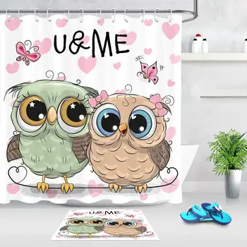 

Cartoon Cute Owl butterfly Shower Curtain Polyester Fabric Waterproof Bath Curtains Non-slip Mat Valentine's Day Bathroom Decor