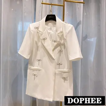 

2020 Summer New Rhinestone Bow White Suit Blazer Lady Elegant Short-Sleeved Suit Jacket Streetwear Female Thin Jacket Coat