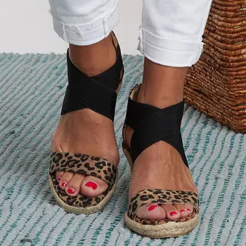 

Leopard Print Summer Women Wedges Sandals Elastic Band Peep Toe Woman Shoes Cross Platform Hemp Bottom Ladies Sandals Size 35-43