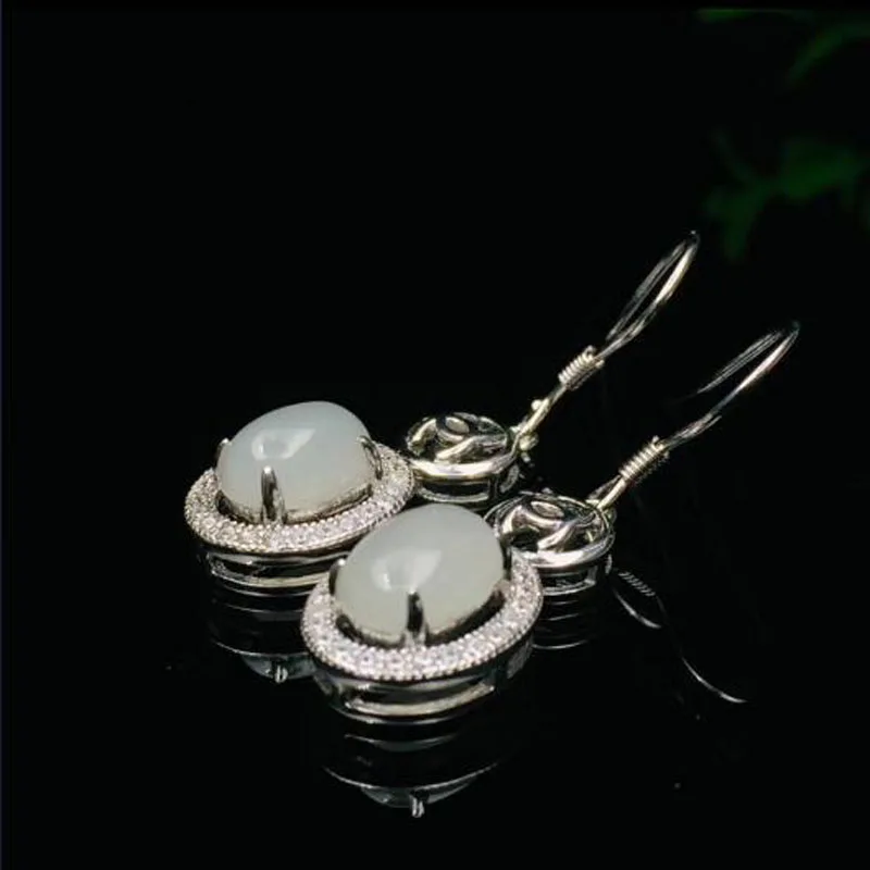 Unique 925 Sterling Silver Natural Hetian White Jade Drop Earrings Lucky Hook Fine Jewelry For Women Brincoss