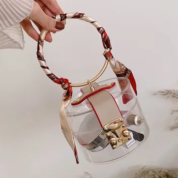 

2020 New Evening Handbag Transparent Box Shape Bucket Bags For Women Print Scarves Portable Small HandBag With Slik B010