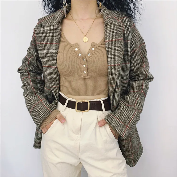 Vintage Check Woman Suit Jacket Long Sleeve Fashion Loose Autumn Winter Thicking Woolen Coat