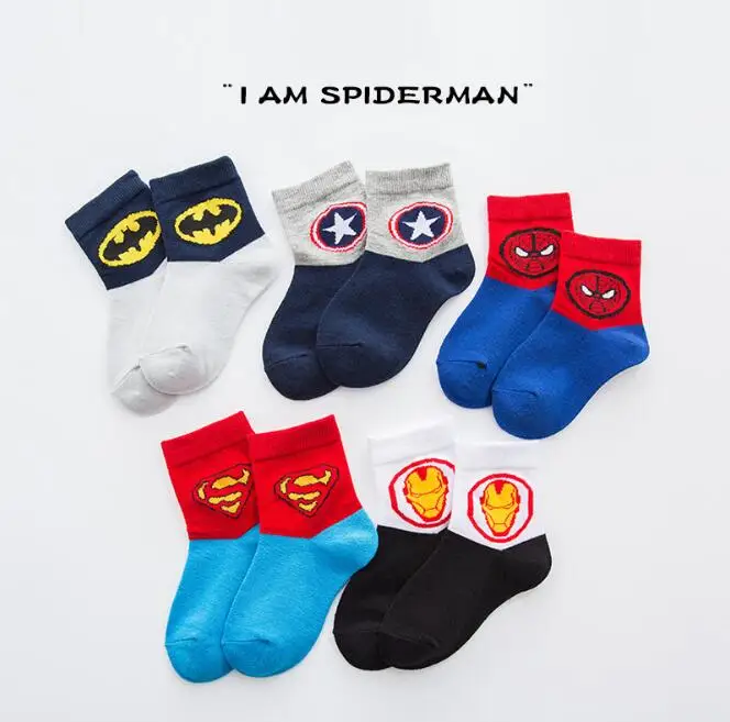 Детские носки с героями мультфильмов; модные детские хлопковые носки; сезон осень-зима; носки с милым рисунком Супермена, Человека-паука; носки для малышей; 5 пар/лот