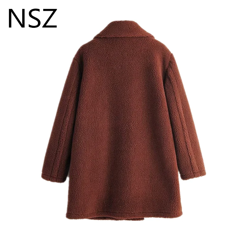 NSZ women teddy bear coat faux fur shaggy jacket warm long sleeve oversized outwear fall winter woolen coat