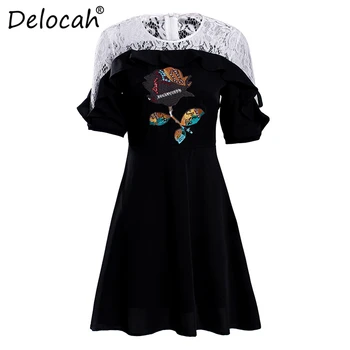 

Deloach Women Fashion Designer A-Line Dress Short Sleeve Lace Embroidery Ruffles Crystal Female Summer Patchwork Short Dresses