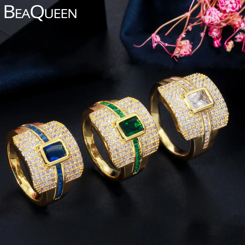BeaQueen Luxury Green Blue CZ Crystal Paved Cubic Zircon Large Square Finger Rings Wedding Bands African Dubai Gold Jewelry R098 | Украшения