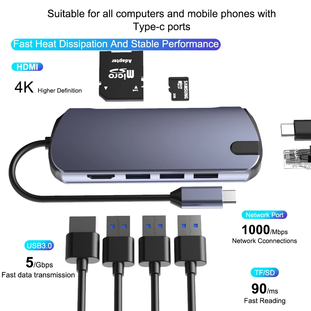 Концентратор USB type C для нескольких USB 3,0 HDMI RJ45 VGA usb-хаб для MacBook Pro Компьютерные аксессуары USB C разветвитель 10 портов type C концентратор