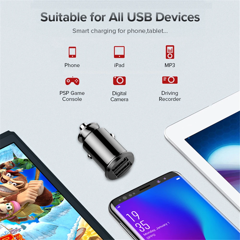 Мини Автомобильное зарядное устройство, двойной USB, быстрая зарядка для samsung, для iPhone Plus, для huawei, светодиодный USB, быстрое автомобильное зарядное устройство, для телефона, Max 3.1A, адаптер