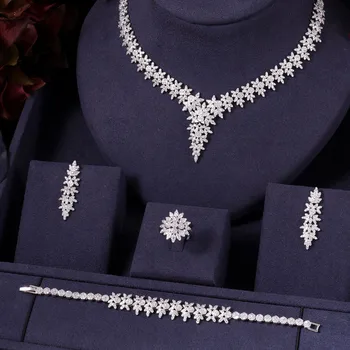 

Accking Luxury Wedding Necklace Earrings For Women Accessories Flower Cubic Zirconia Bridal Jewelry Sets