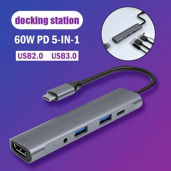 

Type-C to HDMI Hub 60W PD 5 in 1 USB 2.0 3.0 Audio USB-C Portable for Home Office QJY99