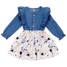 Новые Детские платья для девочек, плиссированные рукава, цветочный принт, джинсовое синее платье осеннее Повседневное платье принцессы с длинными рукавами roupa infantil D30
