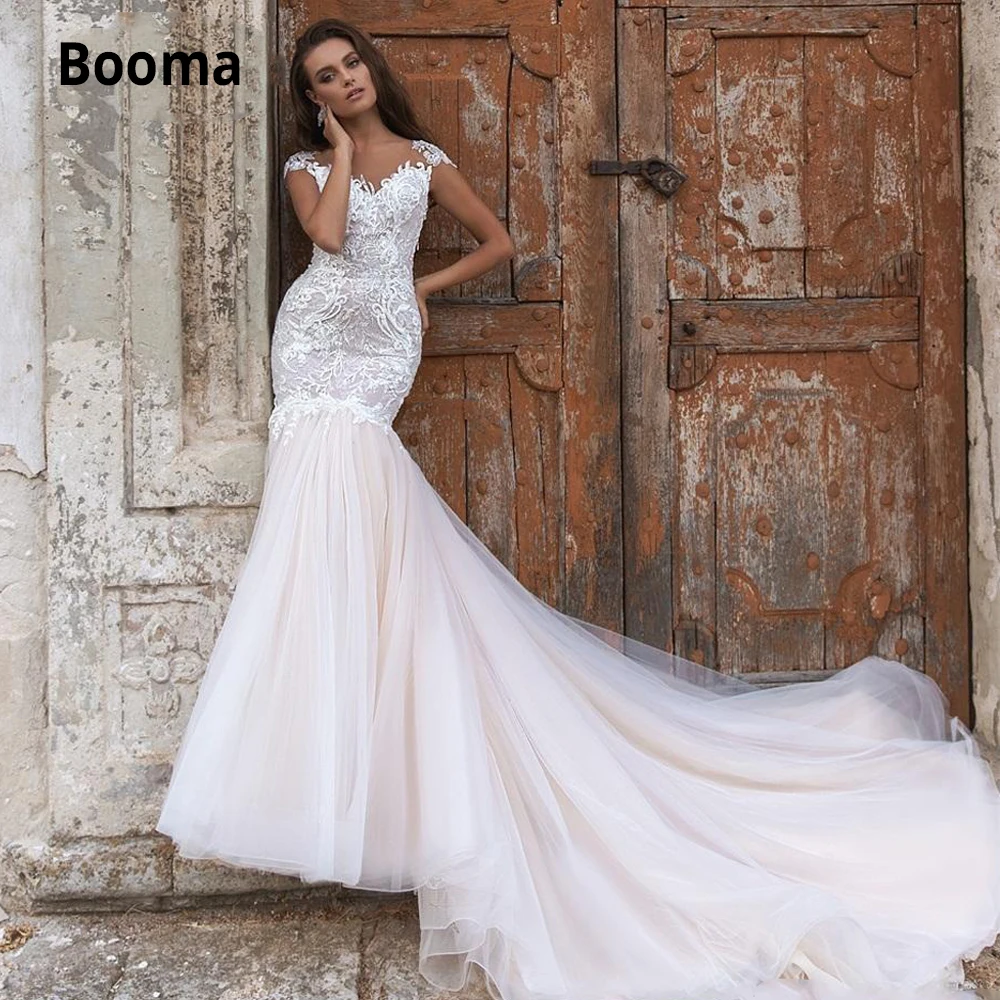 

Booma Cap Sleeve Lace Wedding Dresses Mermaid 2020 New Appliques Sequins Marriage Bridal Gowns Court Train Plus Size illusion
