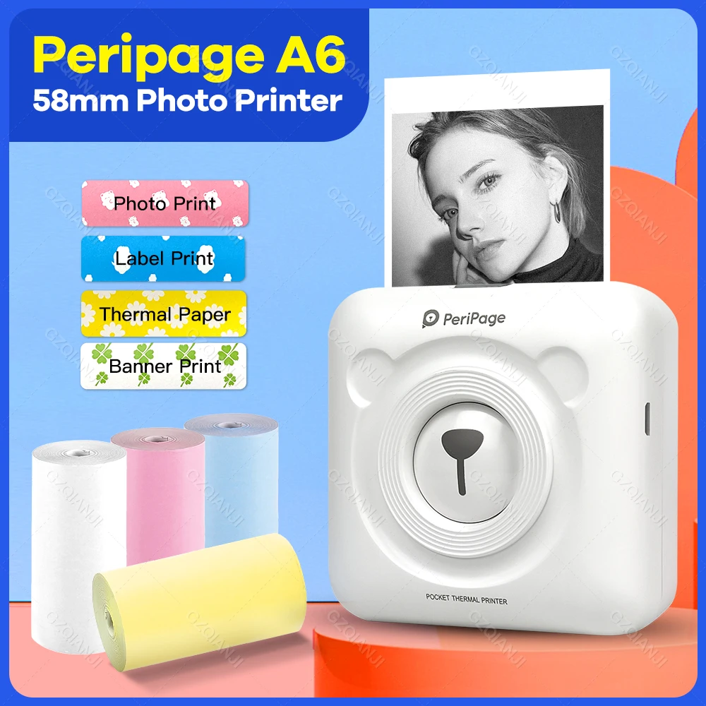 PeriPage A6 Portable Mobile Thermal Printer Inkless Bluetooth with Print Paper 