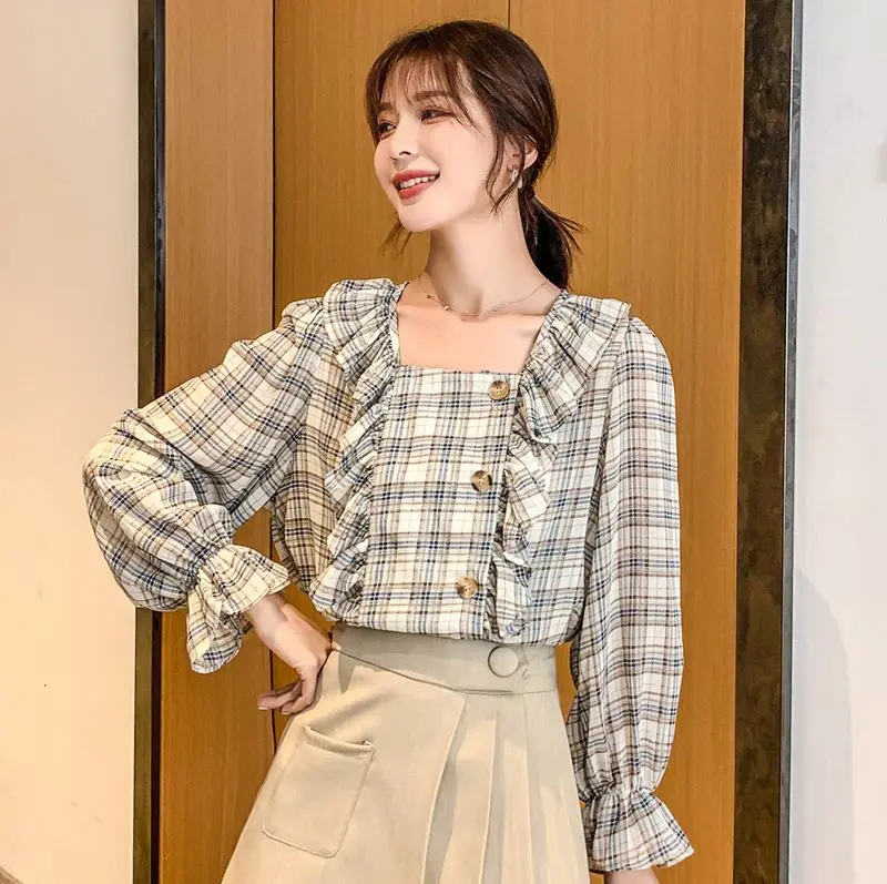 

COIGARSAM Casual Plaid Shirt Womens tops New Spring Chiffon Women shirts 226