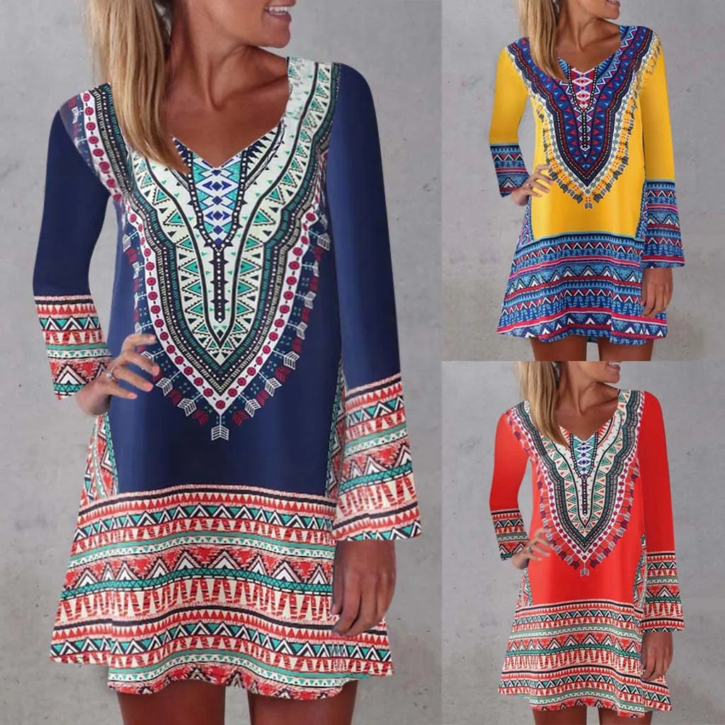 

Autumn FashionBohemia Womens Print Color Block Long Sleeve V-Neck Dress A-Line Mini Sundress Wholesale Free Ship платье Z4