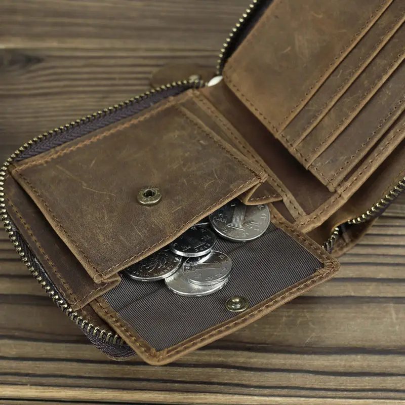 Short Organizer Wallet Man With Zipper Around Genuine Leather Male Coin Purse Crazy Horse Leather Card Holder For Boys Vintage Short Organizer Wallet Man With Zipper Around Genuine Leather Male Coin Purse Crazy Horse Leather Card Holder For Boys Vintage