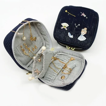 

Embroidery Jewelry Box Travel Portable Mini Square Jewelry Box Ring Stud Earrings Necklace Storage Bag