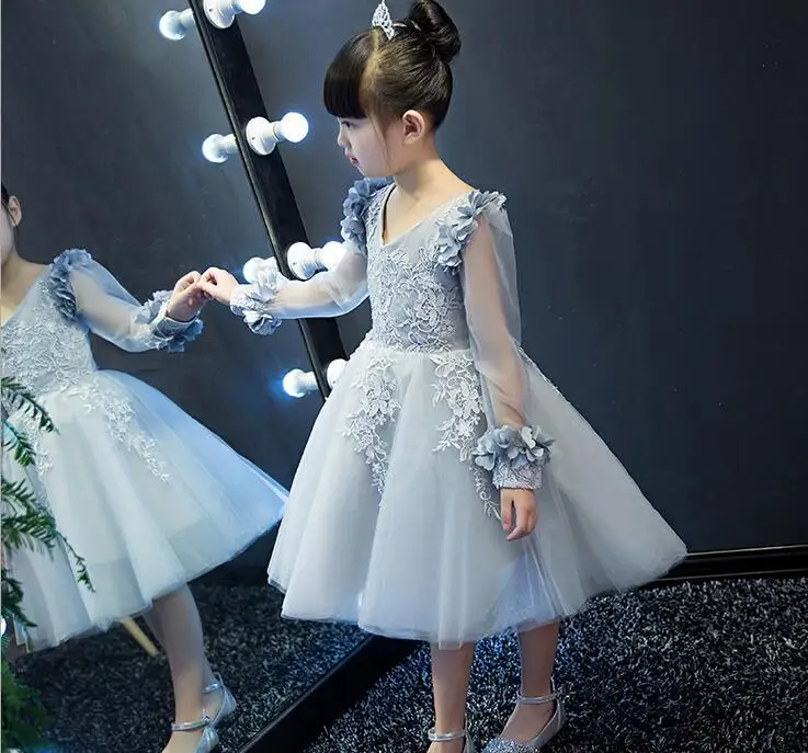 Новое поступление, Серебряное шифоновое платье принцессы с цветочным узором для девочек, вечерние платья для крещения, свадьбы, дня рождения, Детские платья-пачки, От 1 до 12 лет
