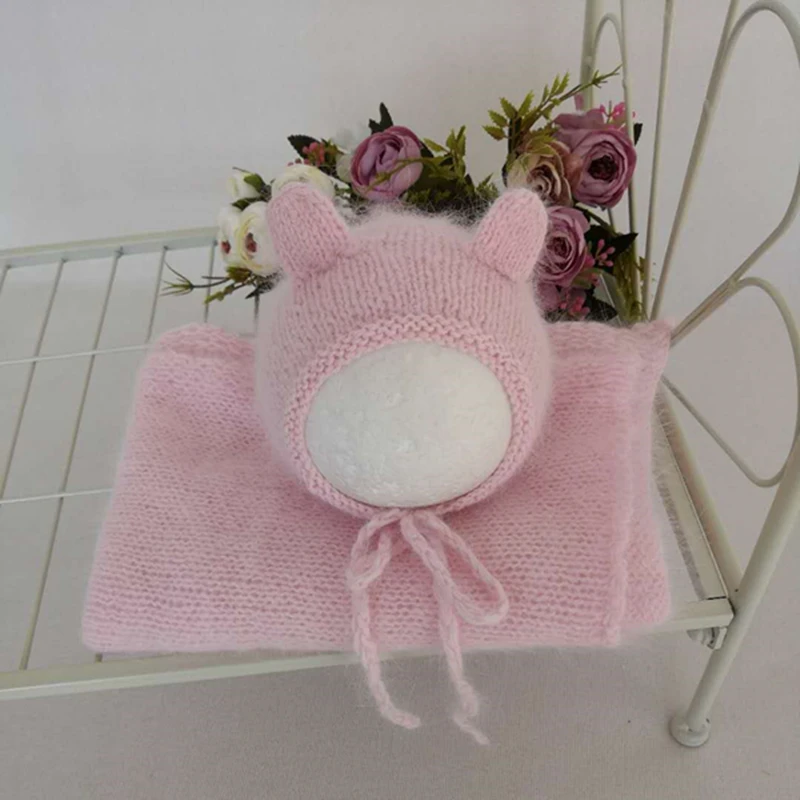 

Vintage Newborn Angola Teddy bear bonnet Knitted Baby Stuffed animal toy set Photography props Baby boy hat wrap