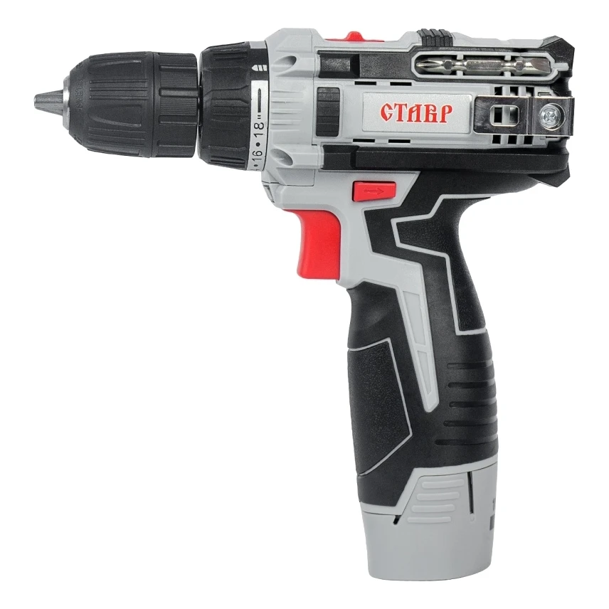 Дрель-шуруповерт аккумуляторная Ставр ДА-10,8/2ЛМ (два Li-Ion аккумулятора напряжением 10,8 В, крутящий момент до 22 Нм, одномуфтовый патрон, индикатор заряда, подсветка, 2 скорости)