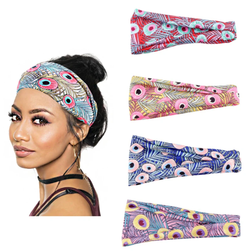 New wide-brimmed sports headband, cross rubber band headband, colorful peacock multicolor headband printed cross silk scarf band