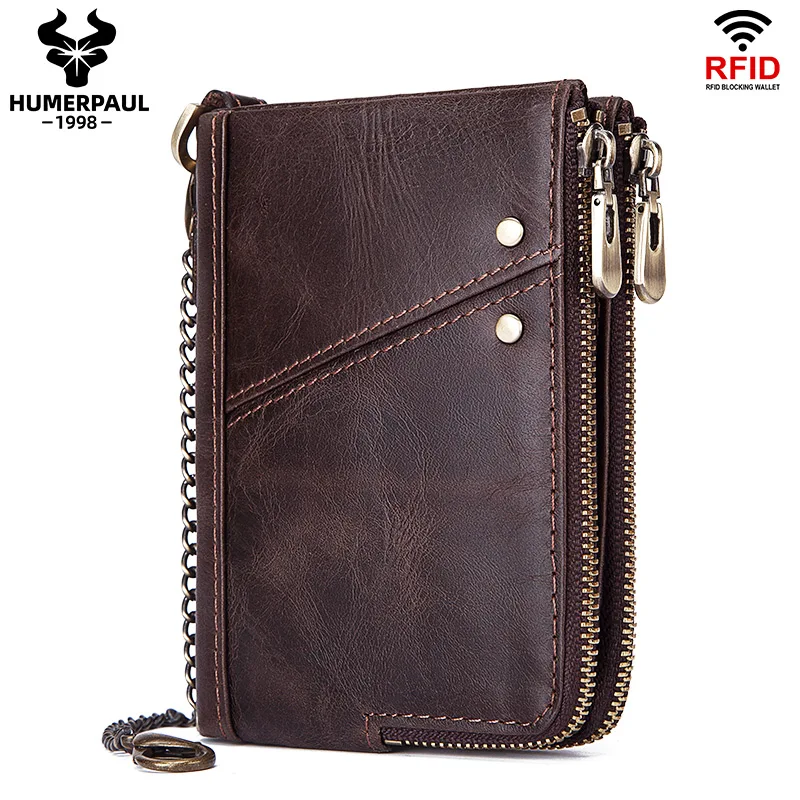 

RFID Cowhide Genuine Leather Wallet Men Coin Purse Small Mini Card Holder Vintage PORTFOLIO Portomonee Male Chain High Quality