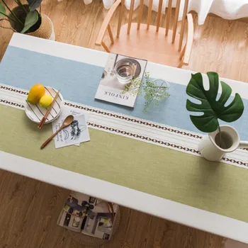 

Blue Green Cotton Linen Fabric Dust-Proof Decorative Table Cover Stitching Tassel Tablecloth Kitchen Dining Tabletop Decoration