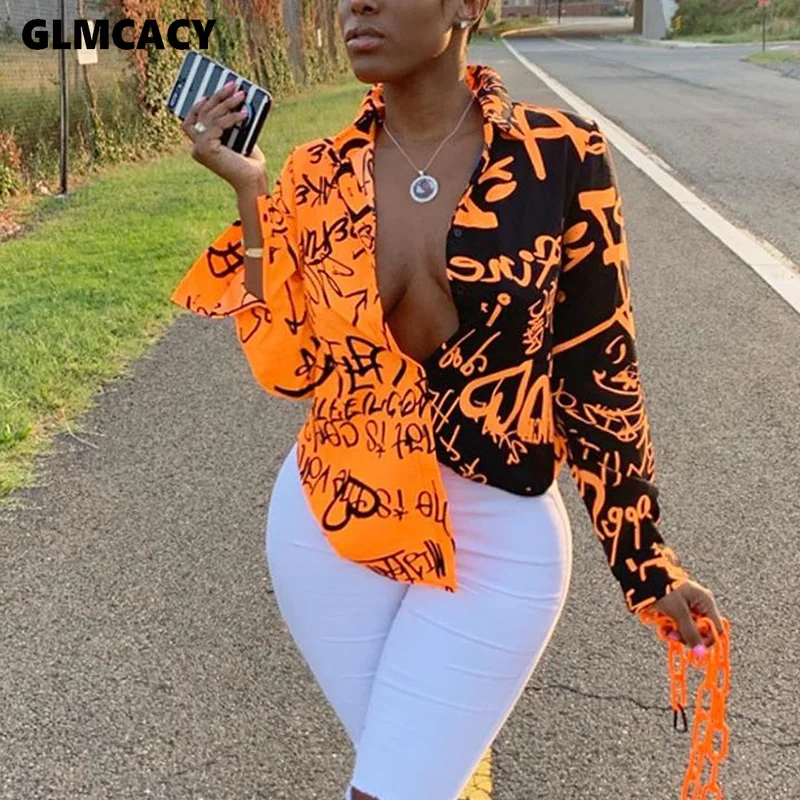  Women Plus Size Letter Printed Gradient Color Turn Down Collar Long Sleeve Blouse Spring Fall Fashi