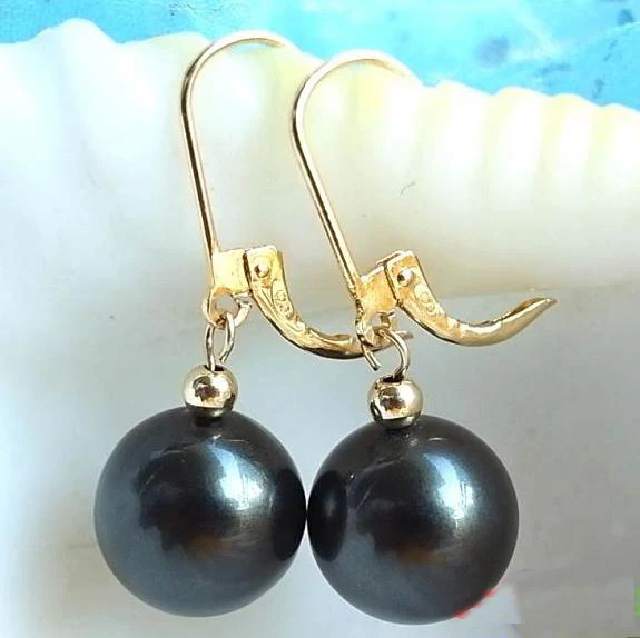 

New Arrival Favorite Pearl Dangle Earring 12mm Black Round South Sea Shell Pearl Gold Fine Jewelry Charming Women Party Gift