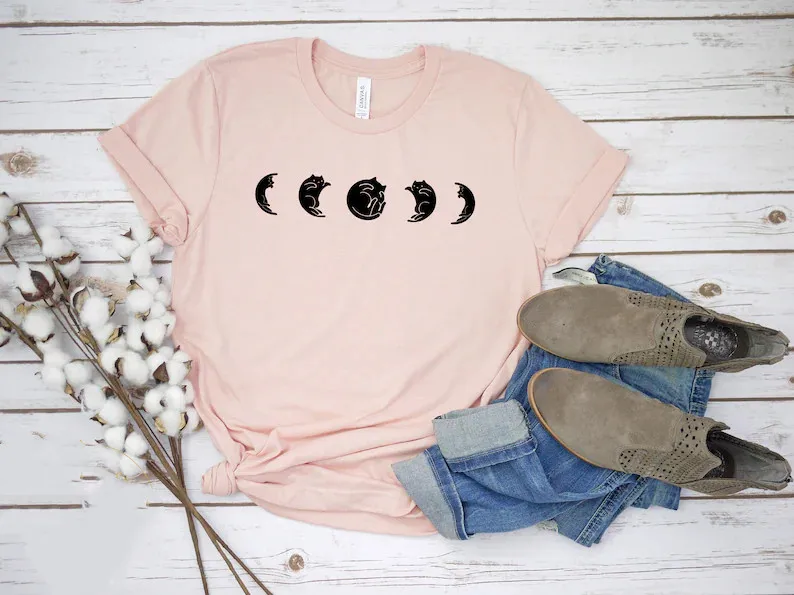 Moon Phases mother Cat Lover cotton Shirt Unisex Short Sleeve Women's Aesthetic O Neck Top Tee harajuku y2k cotton Drop Shipping