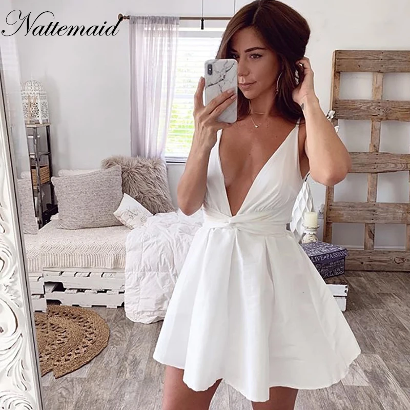 NATTEMAID белое повседневное летнее платье женское сексуальное платье с глубоким v-образным вырезом на спине и тонкими бретельками элегантное клубное мини-платье для вечеринок Vestidos